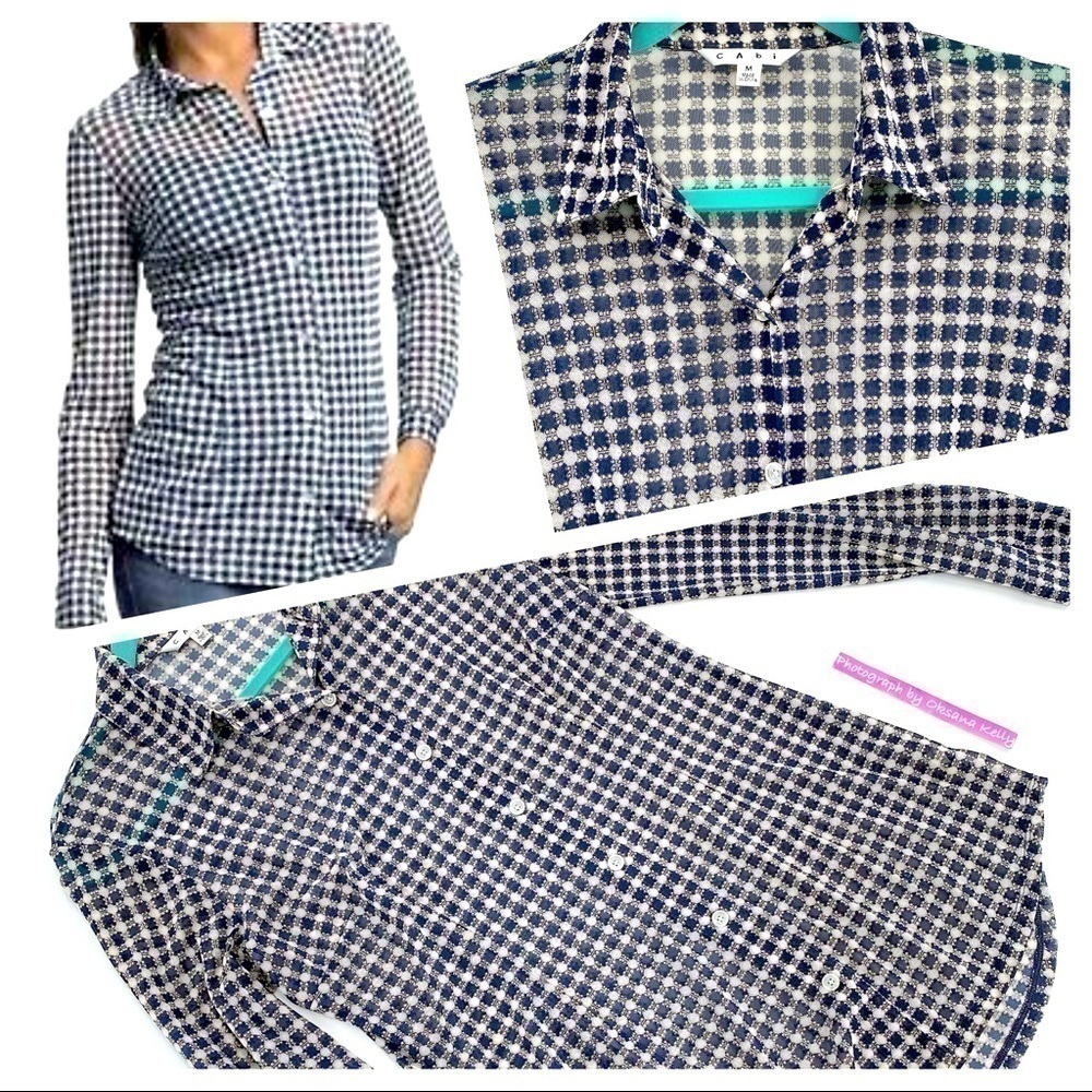 CAbi Navy Cream Sheer Mesh Button Down Blouse Sz M